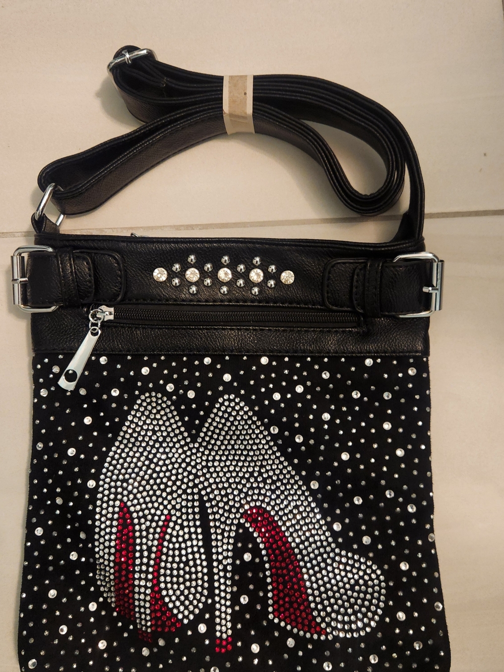 Black Rhinestone Crossbody Bag with High Heel Design